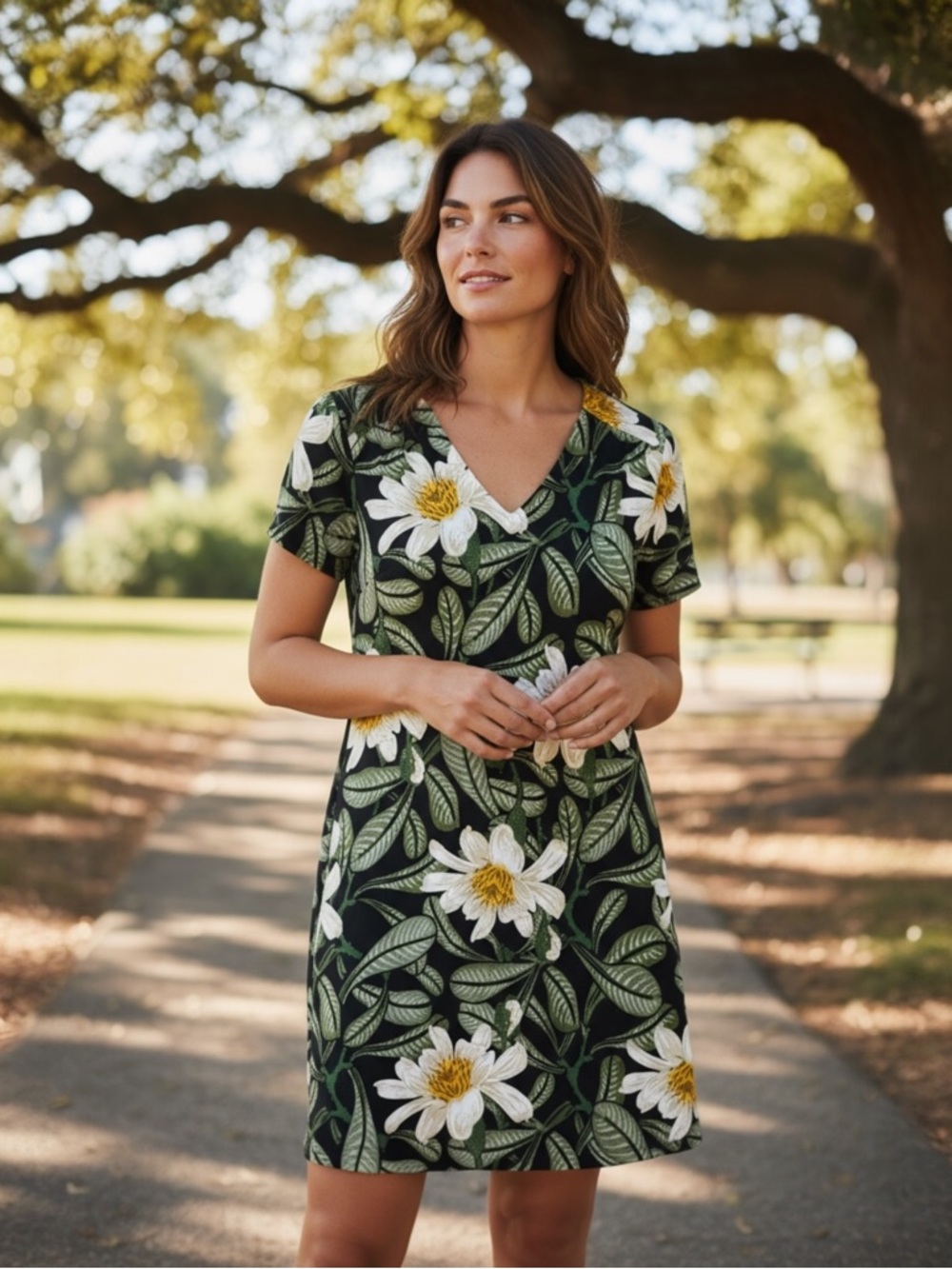 Ann Taylor Factory Floral Dress Medium Black V Neck Short Sleeve NWT